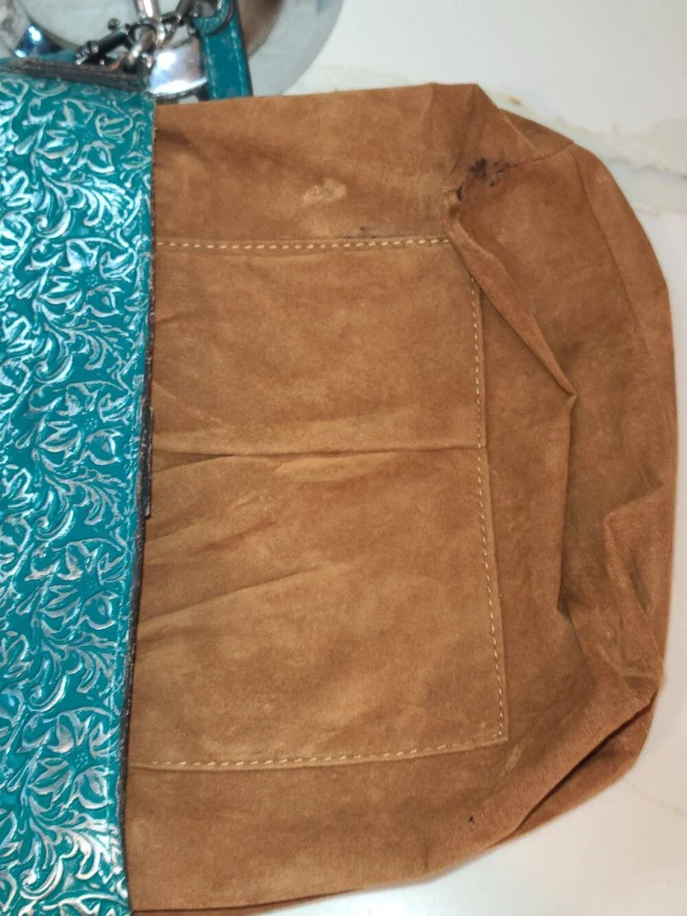 Patricia Nash Harper Tote Crossbody Teal Silver Metallic Floret Tooled Leather